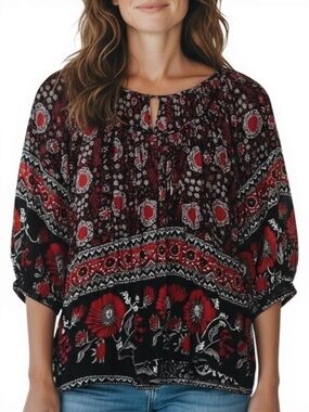 Joie Red Black Boho Floral Peasant Blouse Tie Neck Puff Sleeve Top Size S